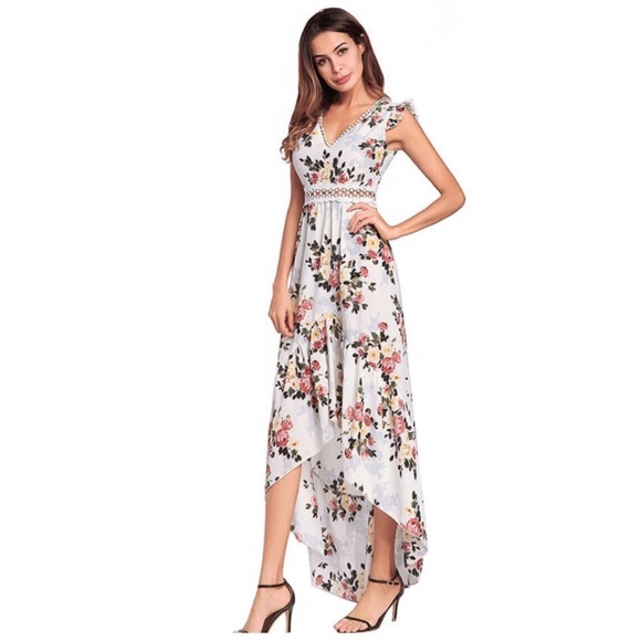 White Floral Cut Out Back Asymmetrical Dress - Picture 4 of 12